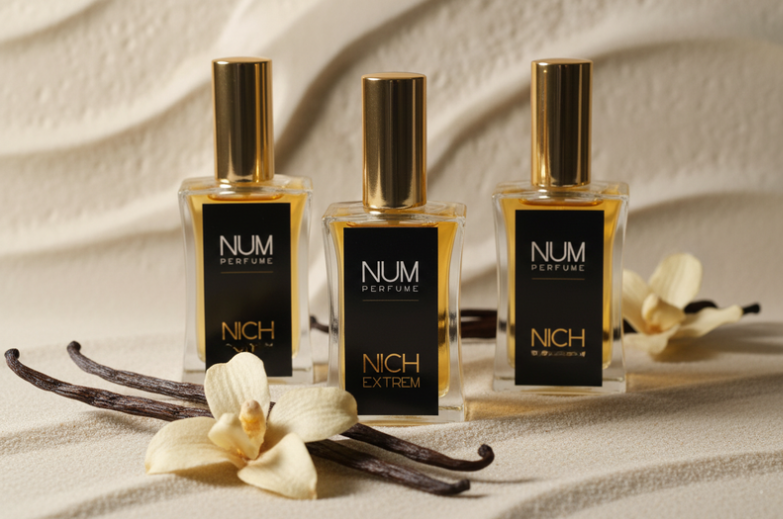 Tres frascos de perfume de nicho NUM Perfume con orquídea blanca y vainas de vainilla sobre fondo beige