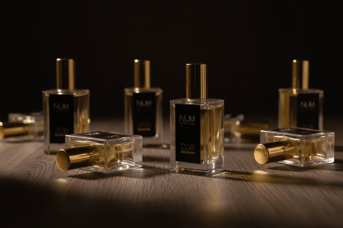 Frascos premium NUM Perfume sobre madera oscura - fragancias de autor