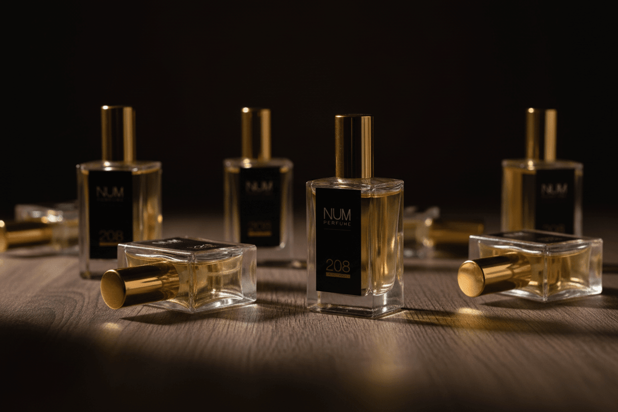 Frascos premium NUM Perfume sobre madera oscura - fragancias de autor