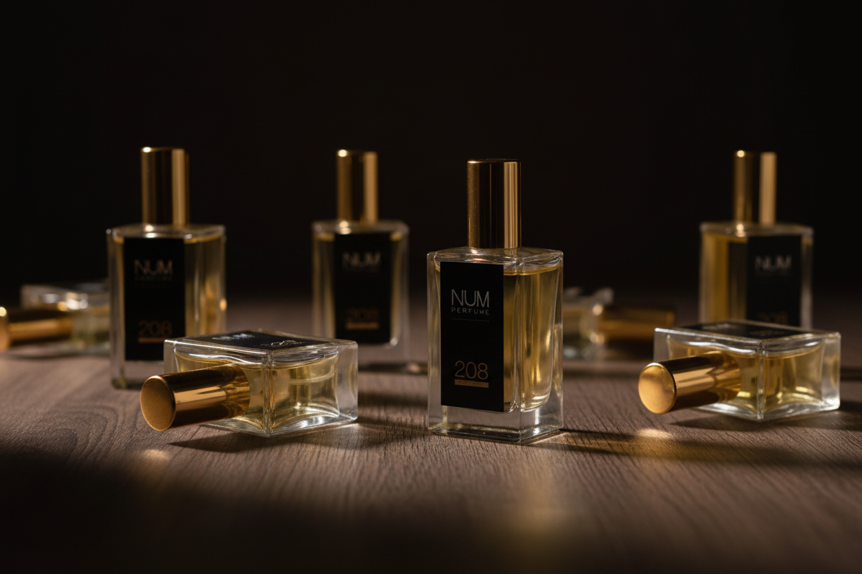 Frascos premium NUM Perfume sobre madera oscura - fragancias de autor