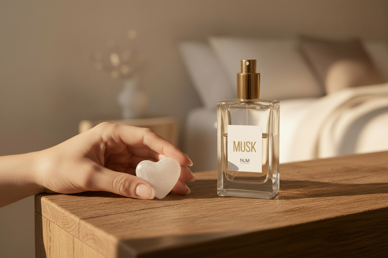 MUSK Eau de Parfum NUM Perfume con corazón de selenita en mesita de madera