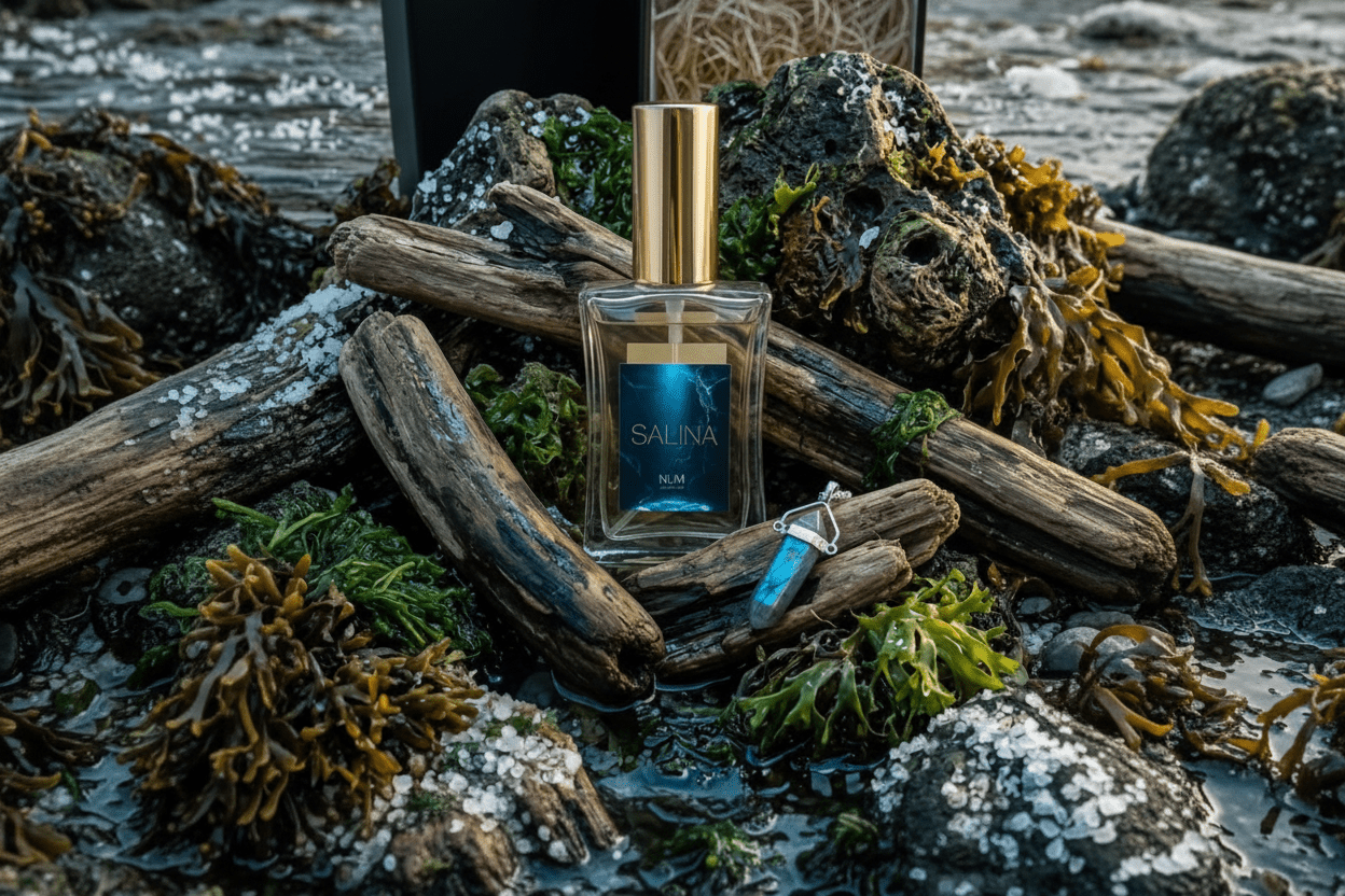 Frasco de SALINA de NUM Perfume con colgante de labradorita sobre madera y algas en ambiente marino