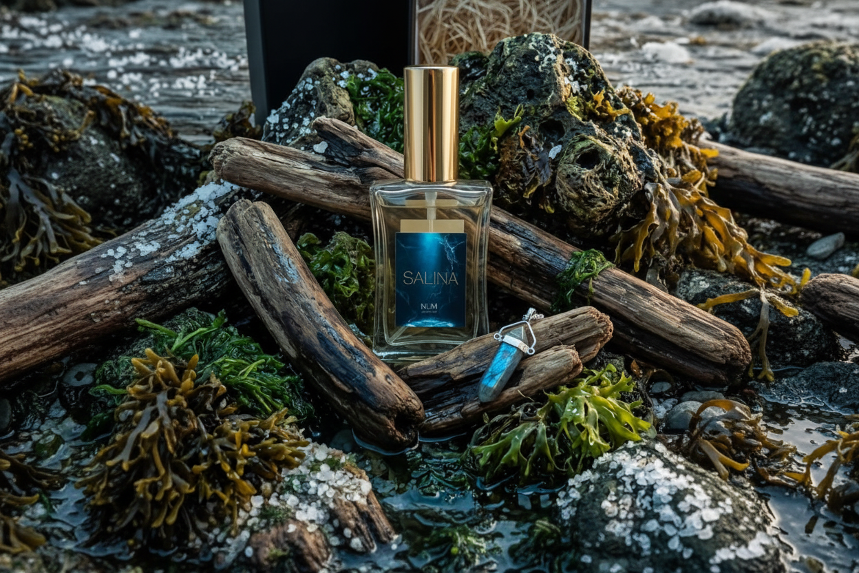 Frasco de SALINA de NUM Perfume con colgante de labradorita sobre madera y algas en ambiente marino