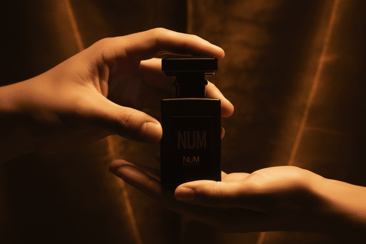 Dos manos sosteniendo un frasco de perfume NUM — fragancias unisex sin etiquetas