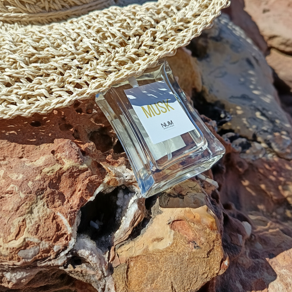 MUSK NUM Perfume - frasco en mano frente al mar