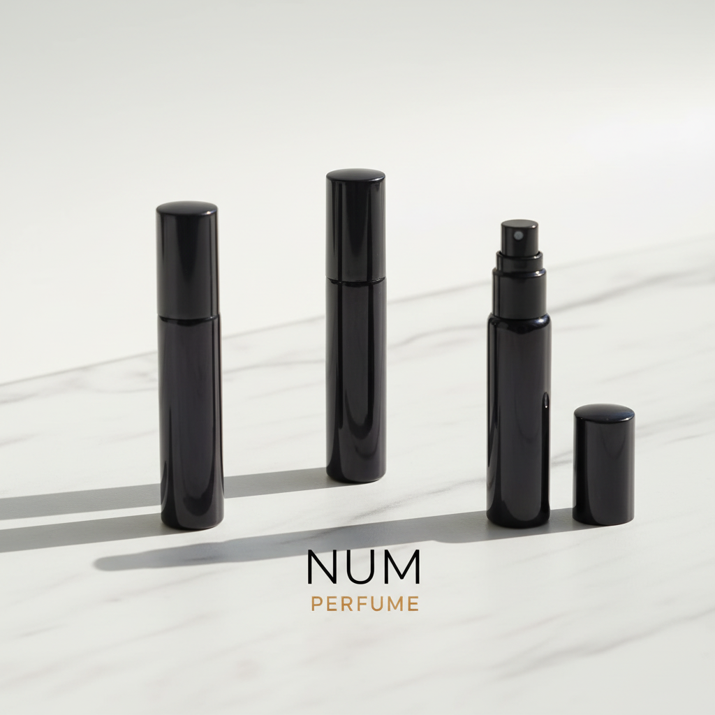 Tres decants de perfume de nicho NUM sobre mármol blanco